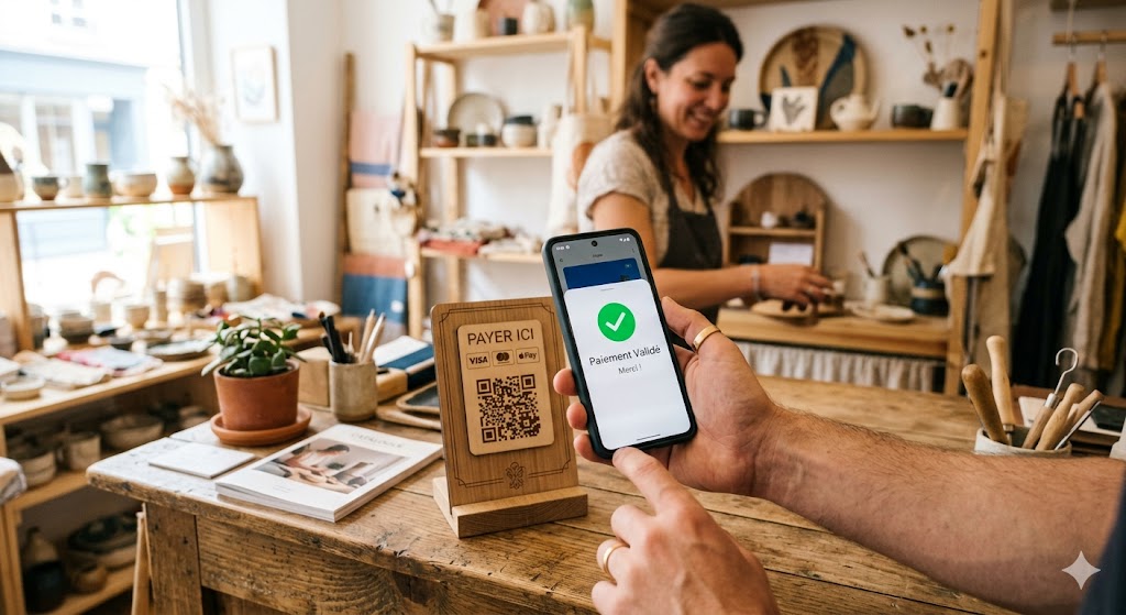 Client utilisant un qr code paiement avec son smartphone dans un commerce TPE en 2026.