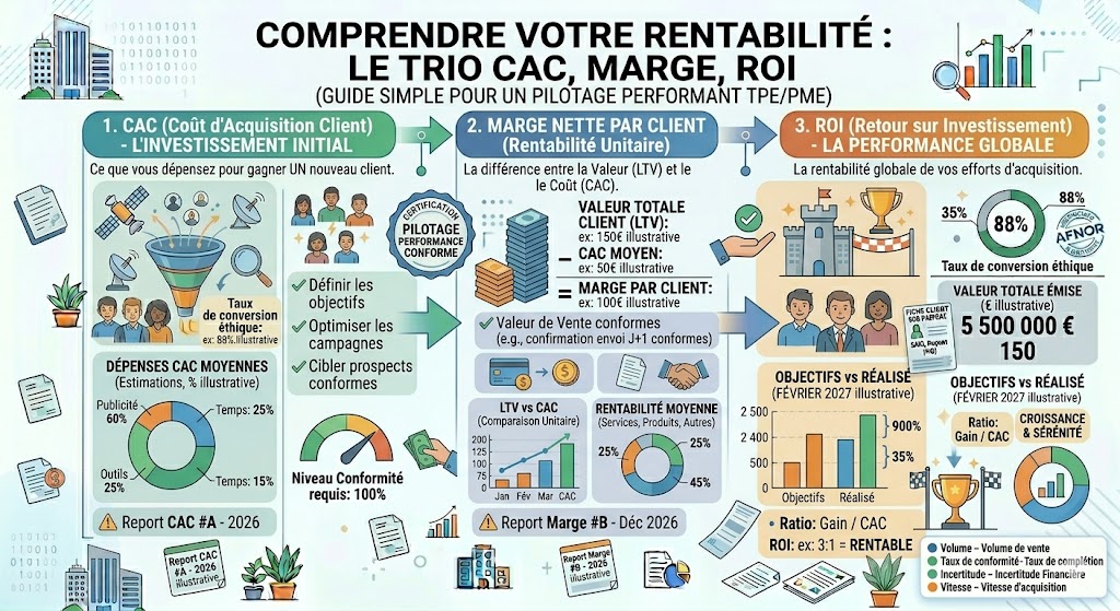 Schéma expliquant le lien entre coût d'acquisition client marge et retour sur investissement