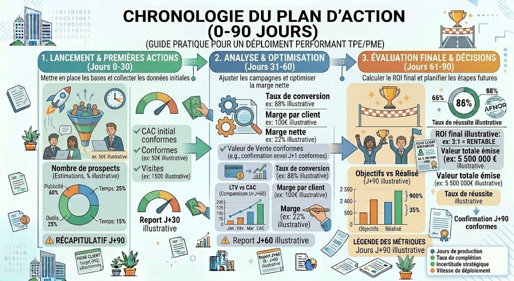 Plan d'action sur 90 jours pour choisir entre SEO et publicité dans une TPE