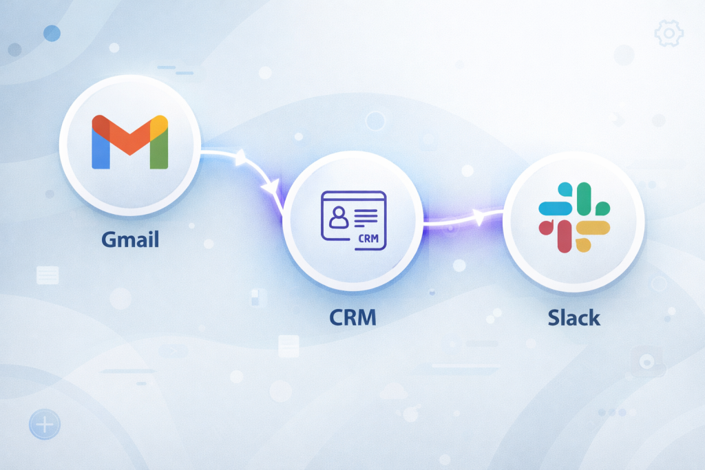Interface visuelle No-Code illustrant la création d'automatisations CRM sans coder pour une TPE.