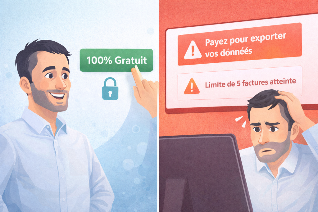 Illustration du piège des faux logiciels gratuits face à un véritable logiciel facturation gratuit TPE viable.