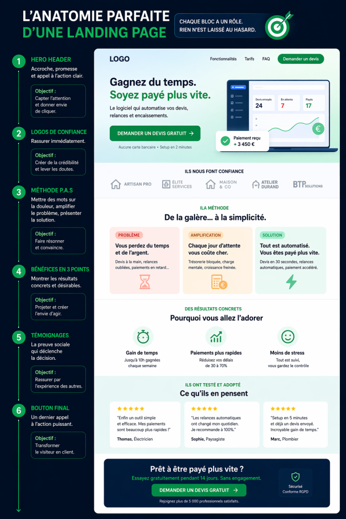 Schéma des blocs d'une landing page structure qui convertit tpe de haut en bas.