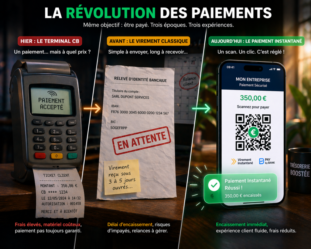 Comparatif des moyens encaissement cb virement lien paiement pour TPE et indépendants en 2026.