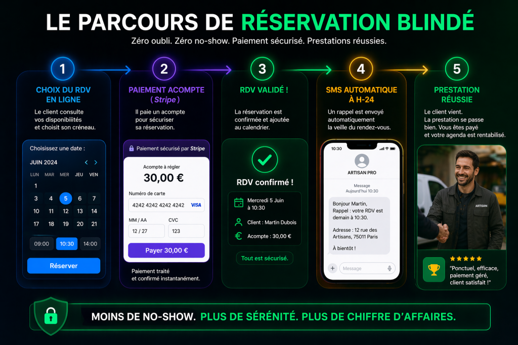 Schéma d'automatisation pour reduire no-show rdv sms acompte avec un logiciel certifié.