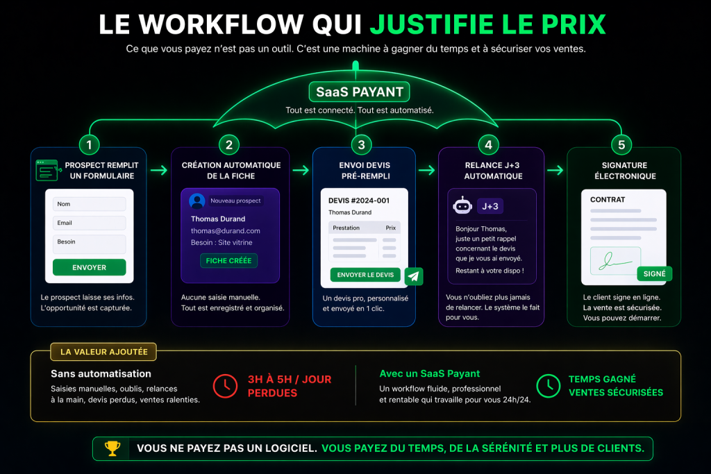 Exemple de workflow automatisé justifiant le passage d'un crm gratuit vers un payant en 2026.