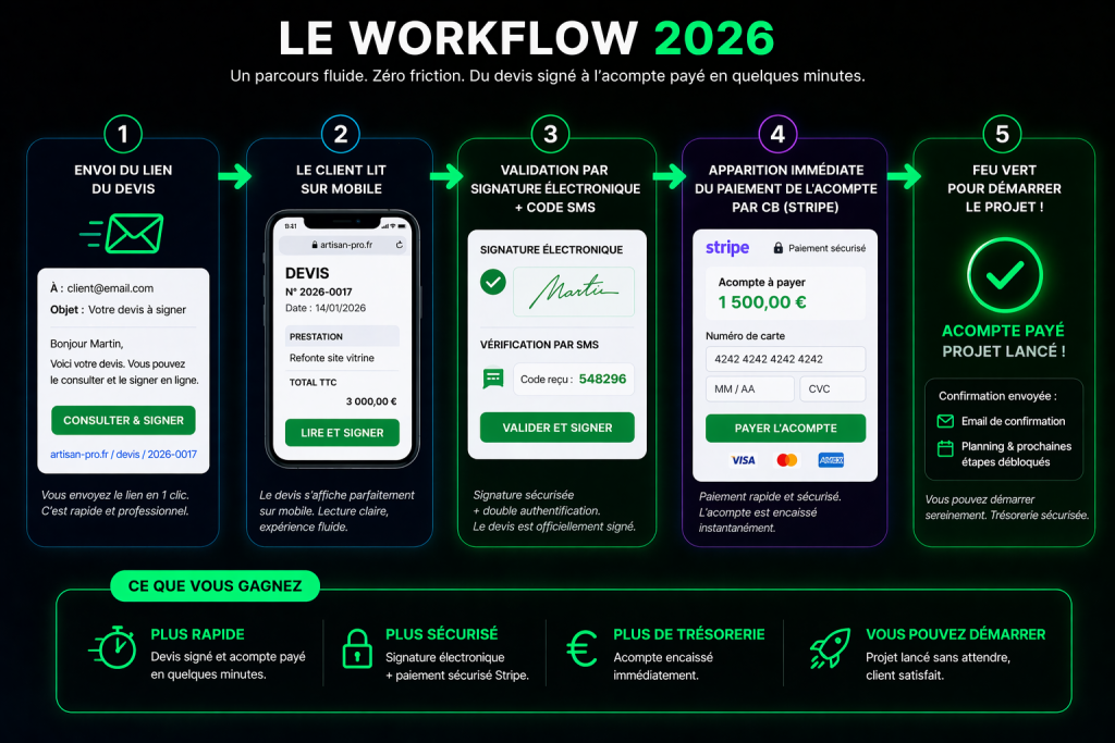 Schéma de l'automatisation du devis accepte securiser acompte signature avec un CRM.