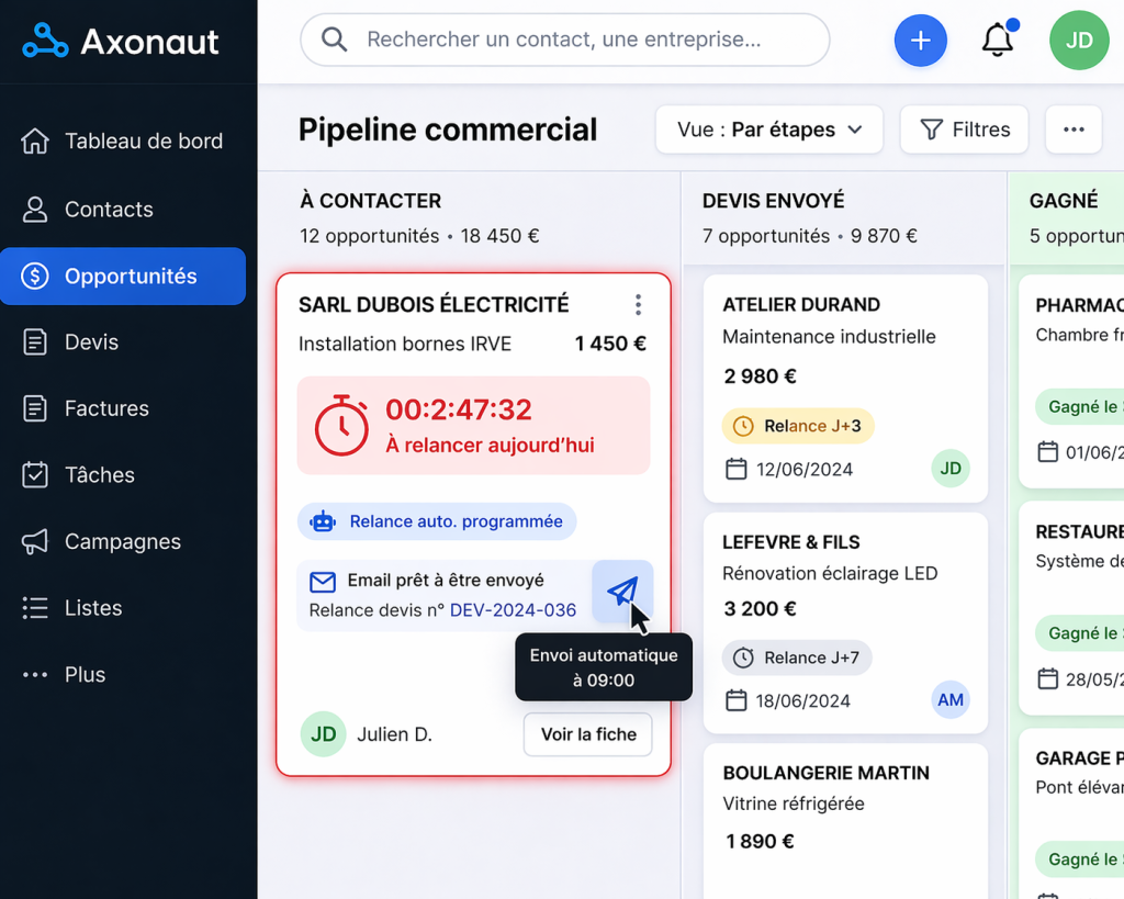 Automatisation des relances commerciales dans le processus crm tpe bases pipeline relances scoring.