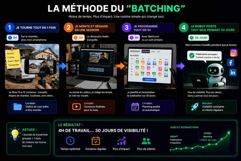 Le processus de création en lot (batching) pour automatiser un plan contenu 30 jours artisans independants en 2026.