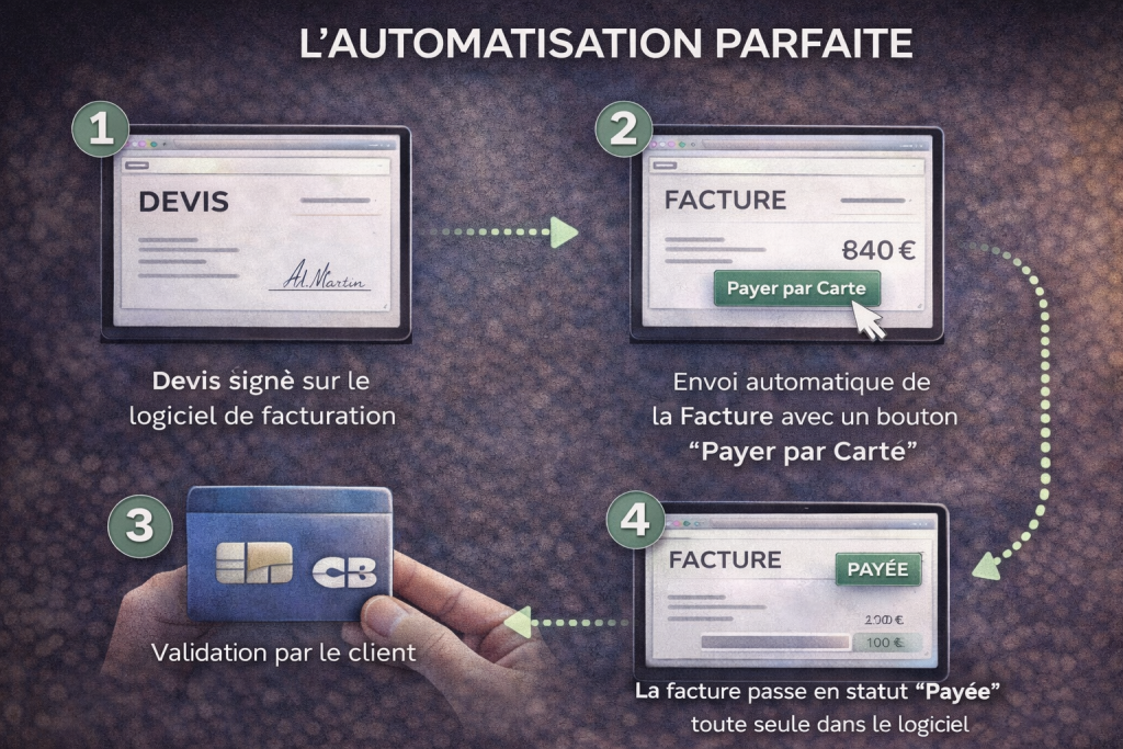 Le workflow comptable d'un lien de paiement utilisation automatisée via un logiciel de facturation.