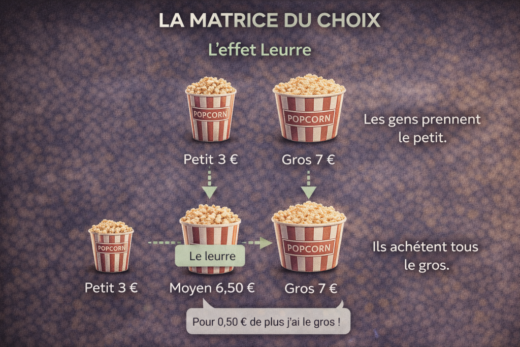 L'effet leurre appliqué au popcorn pour comprendre le pricing 3 offres tpe.