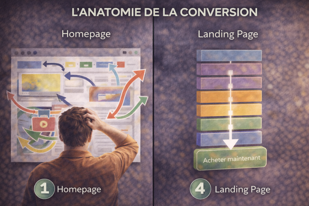 Différence entre un site classique et une landing page structure 9 blocs pour TPE en 2026.