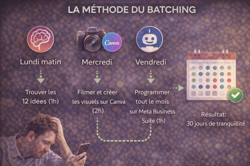 Le processus de création en lot (Batching) pour tenir un calendrier reseaux sociaux 30 jours sans s'épuiser.