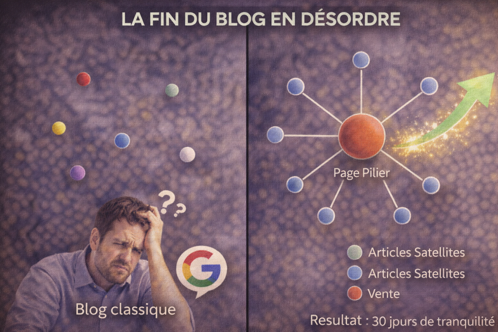 Différence entre un blog classique et l'architecture seo page pilier et satellites en 2026.