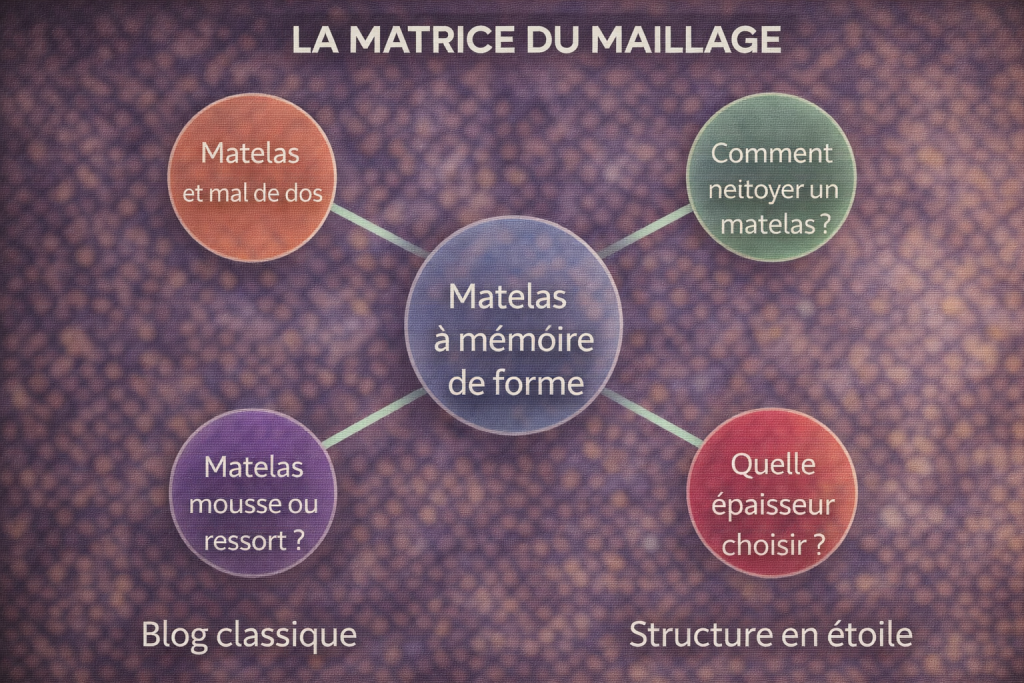 Exemple concret d'application de la méthode seo page pilier et satellites pour un commerce.