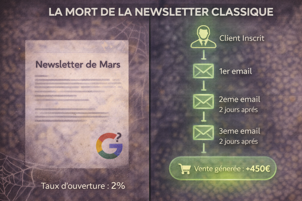Différence entre une newsletter et l'automatisation emailing tpe 3 sequences en 2026.