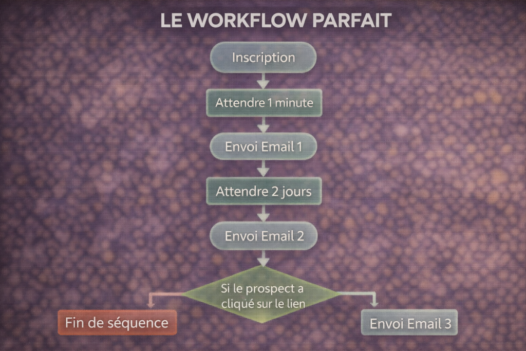 Schéma d'un arbre de décision d'emailing tpe 3 sequences dans un logiciel de Marketing Automation.