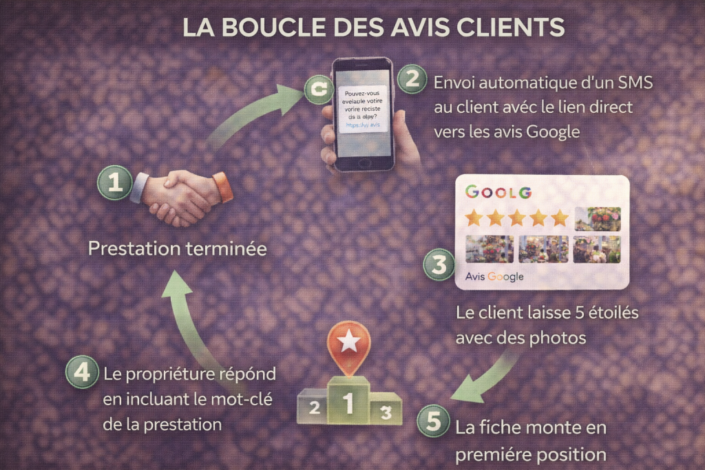Le workflow de récolte d'avis pour valider sa google business checklist tpe en 2026.