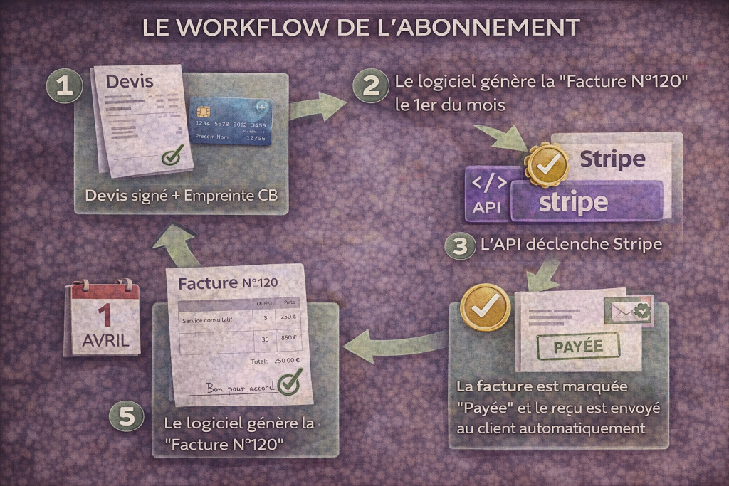 Schéma du flux automatisé pour les factures recurrentes abonnements et prélèvements en 2026.