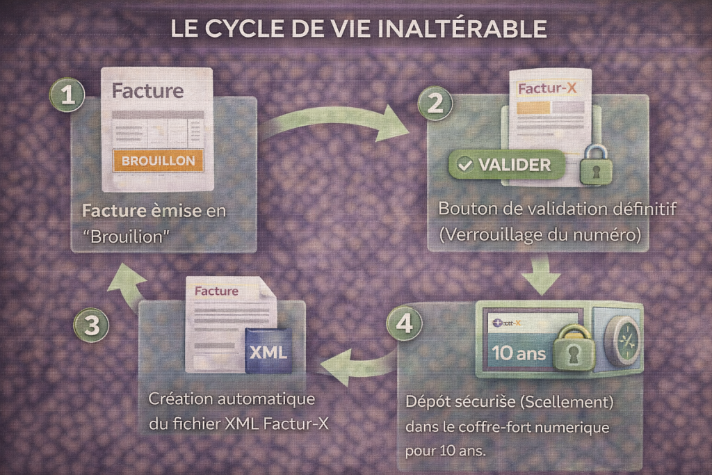 Le processus technique de numerotation archivage factures avec un logiciel de facturation en 2026.