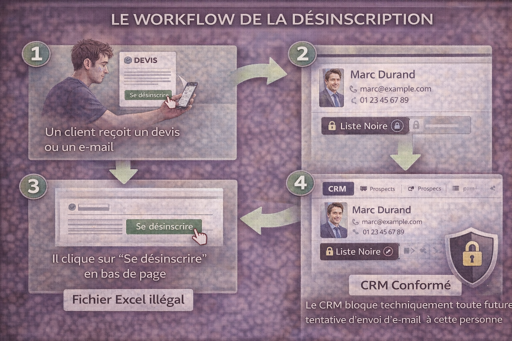 Schéma du droit à l'oubli et de la désinscription automatique gérés par un CRM RGPD en TPE.