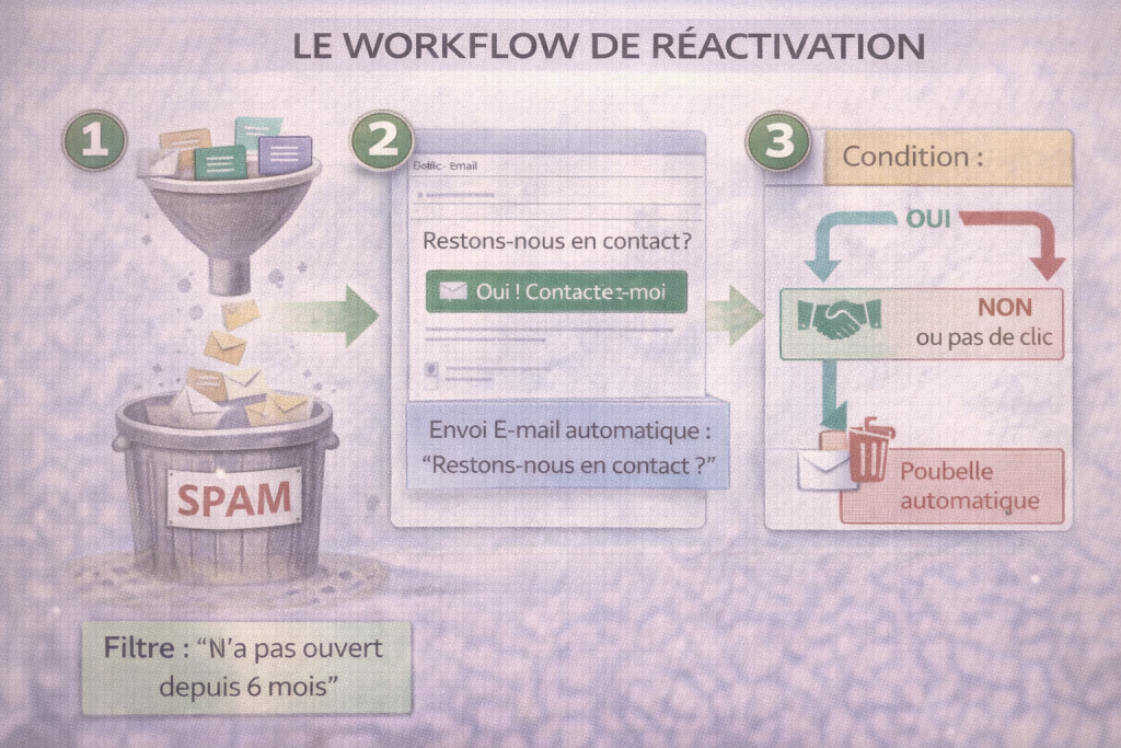 Schéma d'une campagne de réactivation pour nettoyer base contacts crm sans perdre de vrais prospects.