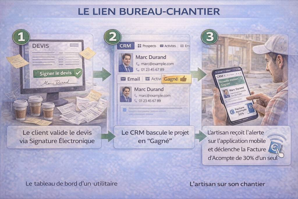 Le flux numérique ininterrompu d'un crm artisan de demande au devis jusqu'à la facturation.