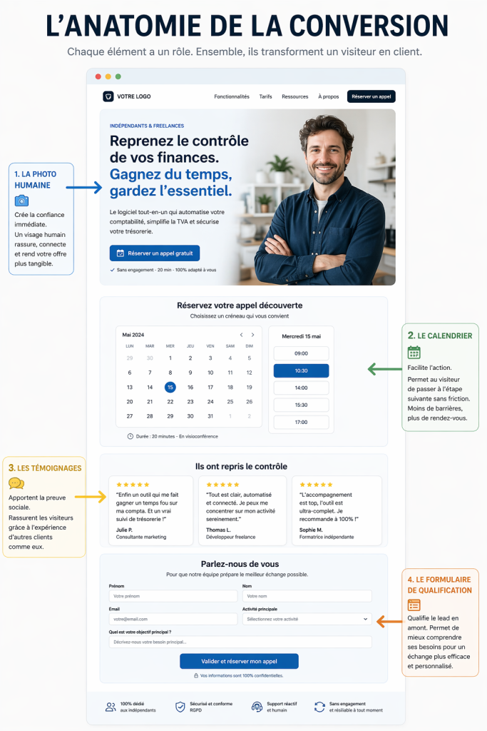 Structure type d'une page de réservation qui convertit pour un consultant ou une TPE en 2026.