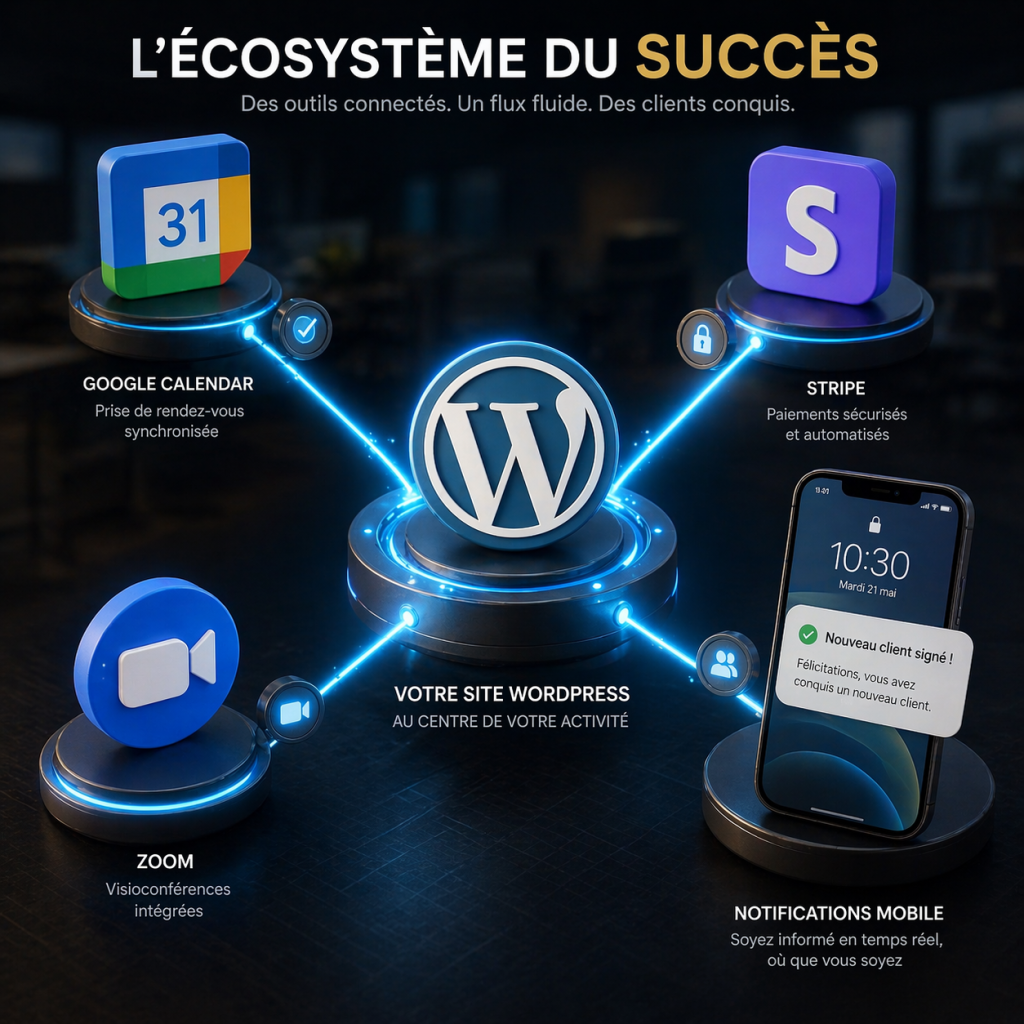 Schéma complet pour integrer prise rdv wordpress et automatiser son workflow commercial.