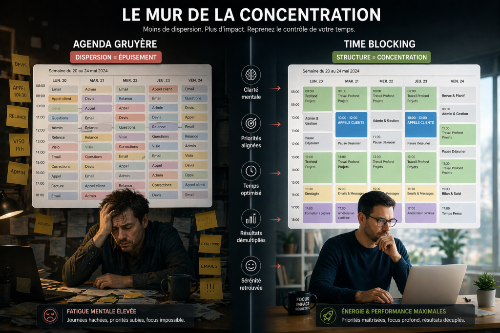 Différence de productivité lorsqu'on sait parametrer planning pro prise rdv avec la méthode du Time Blocking.