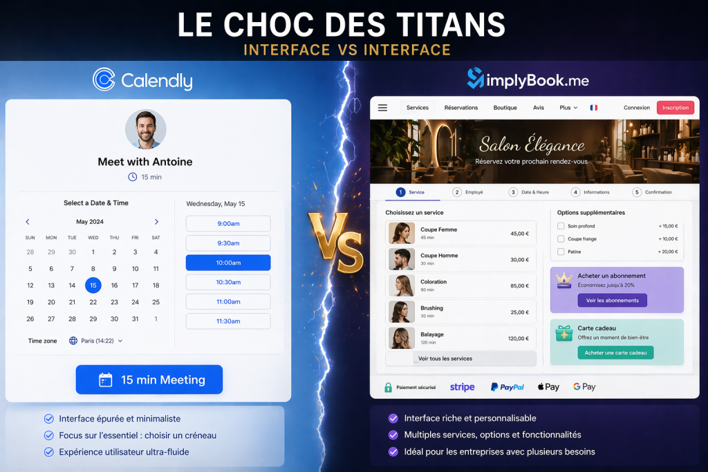 Comparatif visuel des interfaces pour savoir calendly ou simplybook choisir en 2026.