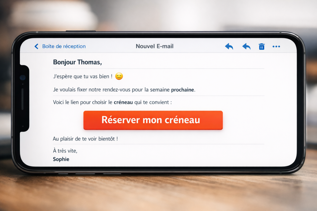 Mockup d'un smartphone affichant un email marketing persuasif et optimisé rédigé grâce à un prompt ChatGPT pour une TPE.