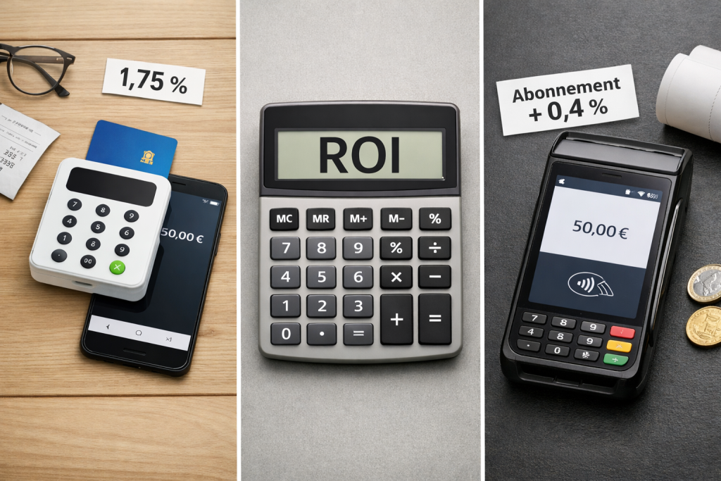Comparatif entre un terminal de paiement mobile avec commission et un TPE avec abonnement pour aider un commerçant à réduire ses frais de carte bancaire.