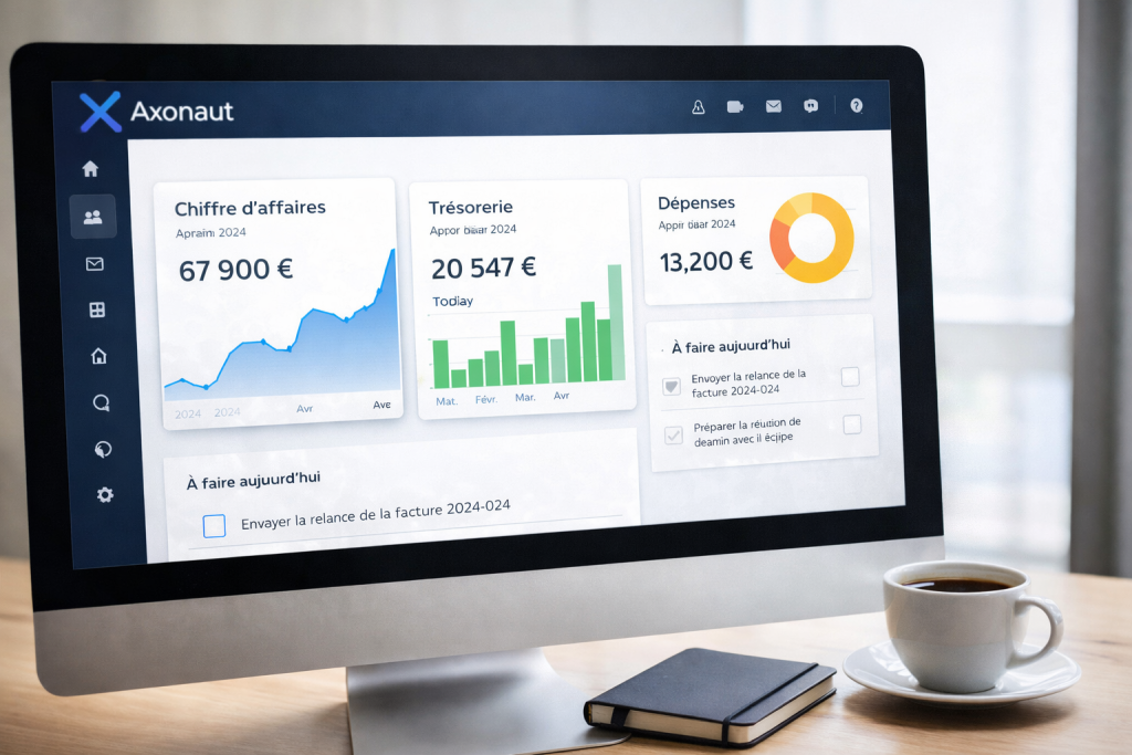 Tableau de bord du logiciel tout-en-un Axonaut CRM et gestion d'entreprise, idéal pour centraliser l'administration d'une TPE.