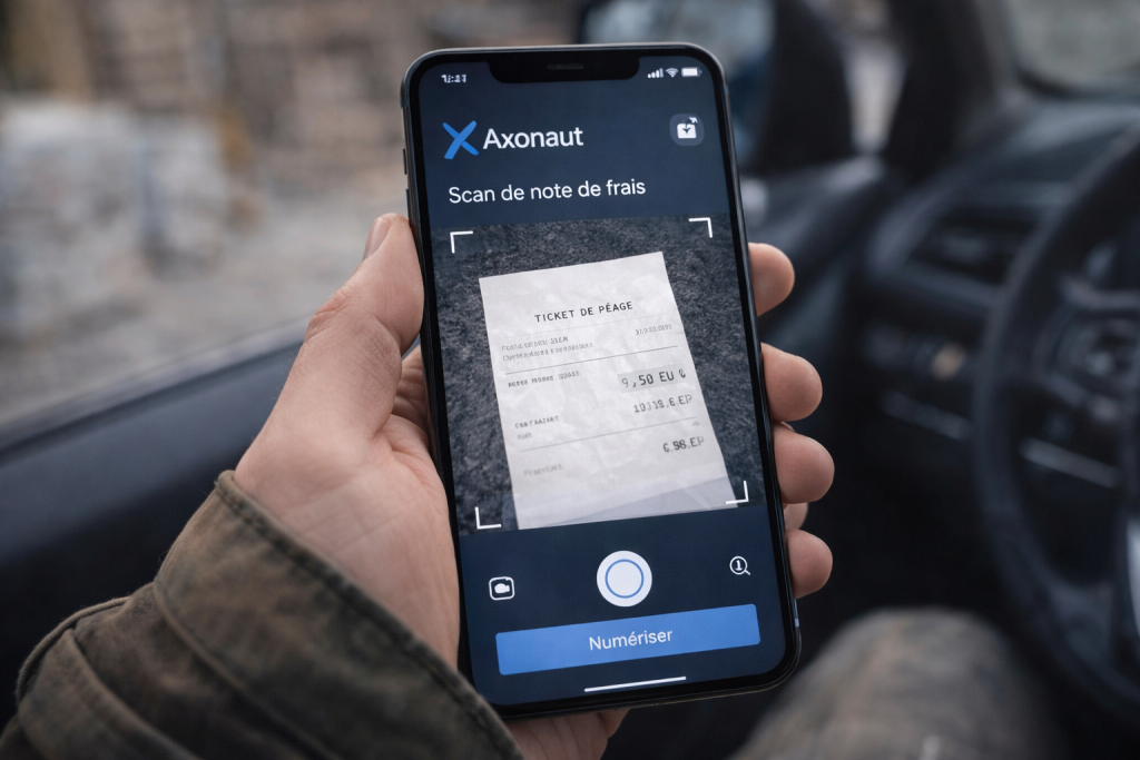 Mockup de l'application mobile Axonaut CRM et gestion d'entreprise, utilisée par un commercial de TPE pour scanner ses notes de frais sur le terrain.