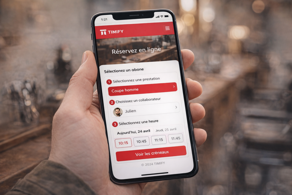Mockup du widget de prise de rendez-vous en ligne Timify intégré sur le site internet d'une TPE pour faciliter la réservation client.