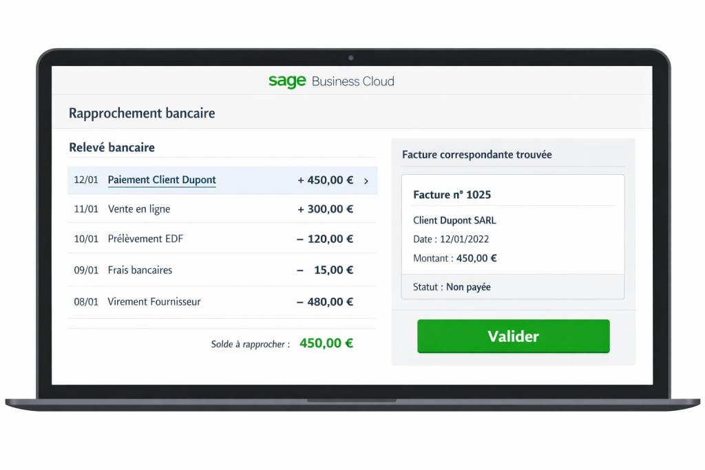 Mockup de la fonctionnalité de rapprochement bancaire automatisé sur Sage Business Cloud Compta et Facturation pour TPE.