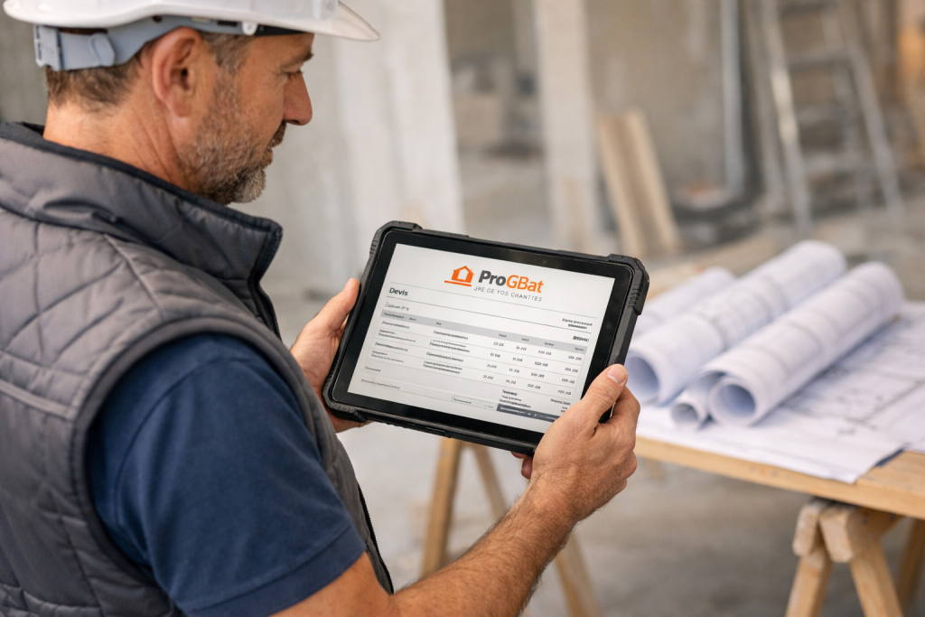 Artisan du bâtiment réalisant un devis sur tablette avec le logiciel ProGBat directement sur le chantier.