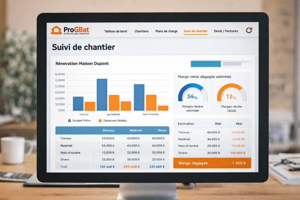 Tableau de bord de rentabilité et suivi de chantier sur le logiciel BTP ProGBat pour le pilotage financier d'une entreprise artisanale.