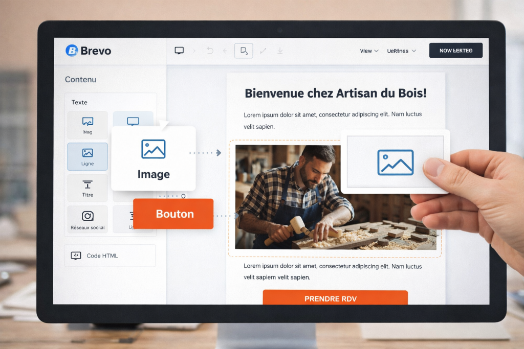 Éditeur glisser-déposer de la plateforme Brevo Emailing pour la création de campagnes d'emailing et d'automation pour une TPE.