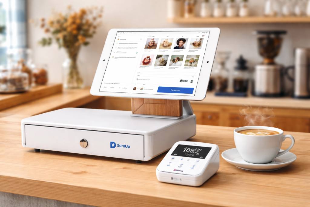 Système de caisse enregistreuse sur iPad SumUp POS installé sur le comptoir d'une TPE moderne.