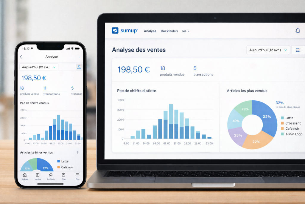 Tableau de bord et statistiques des ventes en temps réel du logiciel de caisse SumUp POS pour le pilotage d'une TPE.