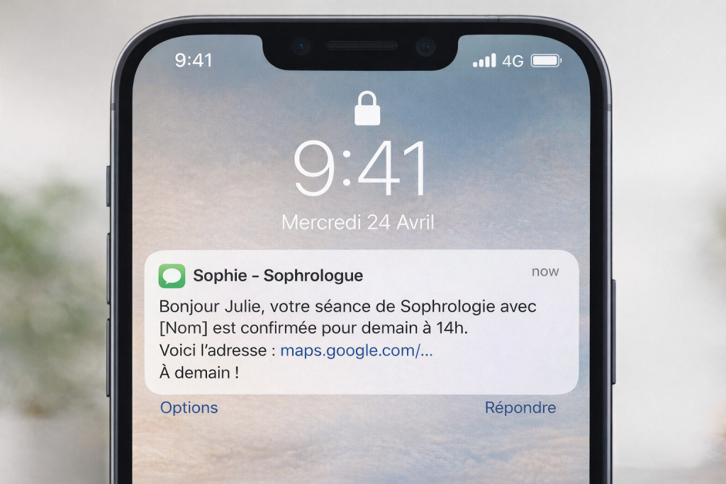 Exemple de rappel automatique par SMS envoyé par un logiciel de rendez-vous pour thérapeute.