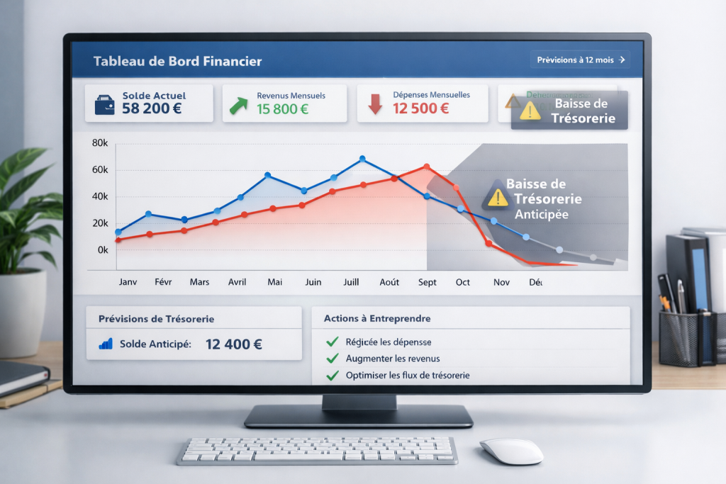 Graphique illustrant un modèle de prévisionnel simple sur 12 mois pour anticiper la trésorerie d'une TPE.