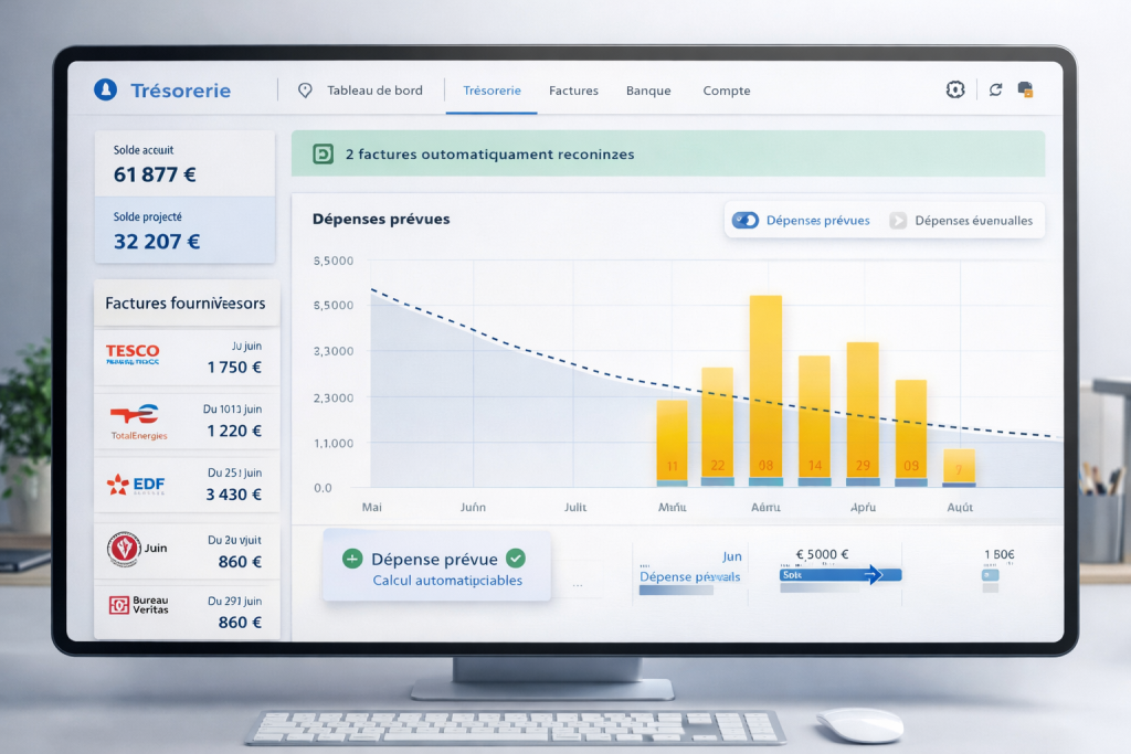 Logiciel de gestion de trésorerie automatisant le prévisionnel simple 12 mois d'une TPE grâce à la connexion bancaire.