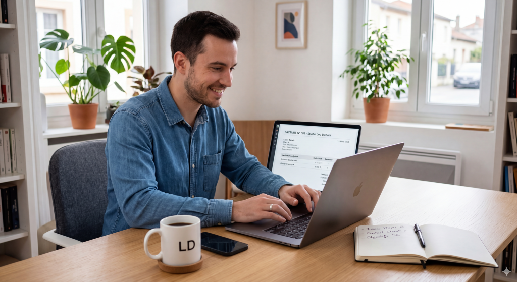 Jeune entrepreneur éditant son premier devis sur le logiciel gratuit Facture.net au lancement de sa TPE.