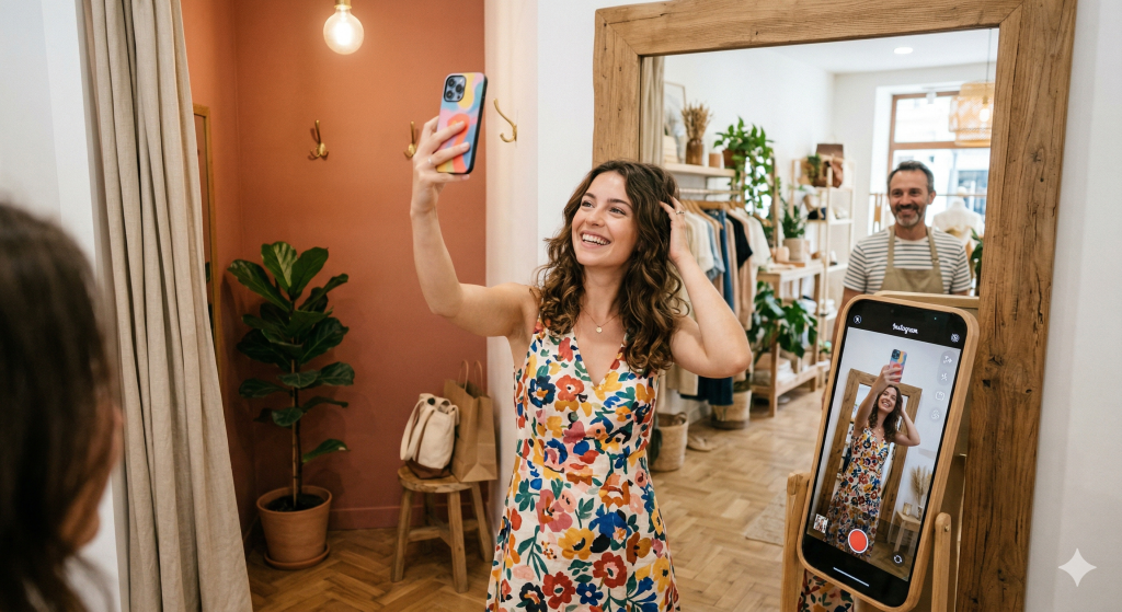 Cliente créant du contenu généré par les utilisateurs (UGC) pour faire la promotion d'un commerce local.