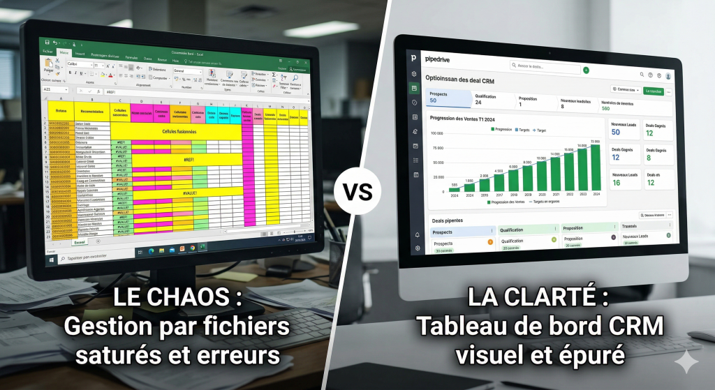 Comparatif visuel entre la gestion de base de données excel clients vs crm professionnel en 2026.
