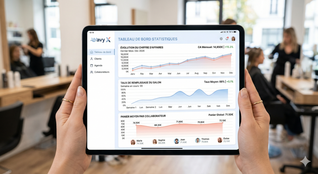 Tableau de bord des statistiques et de la rentabilité sur le logiciel de caisse Wavy X pour l'analyse financière d'un salon de coiffure.