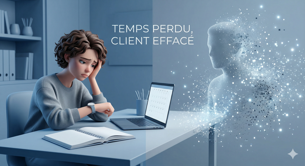 Illustration conceptuelle d'un entrepreneur subissant une annulation de rendez-vous de dernière minute, symbolisant la perte de temps et de chiffre d'affaires pour une TPE.