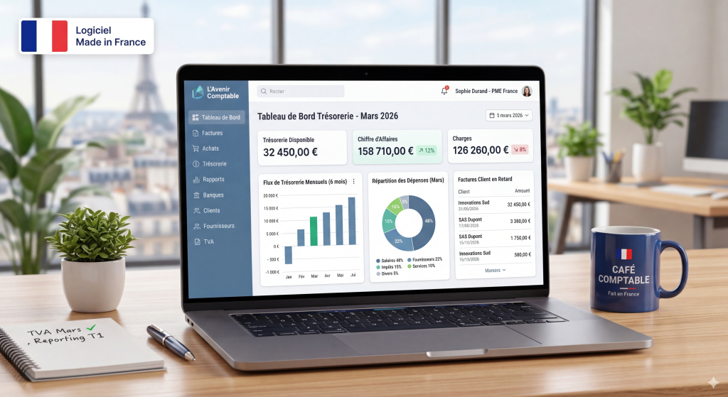 Mockup d'un logiciel de comptabilité et facturation 100 % français, l'alternative idéale à QuickBooks pour la gestion d'une TPE.